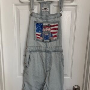 Light Blue Denim Overalls with American Flag Patch -note shorts!!!